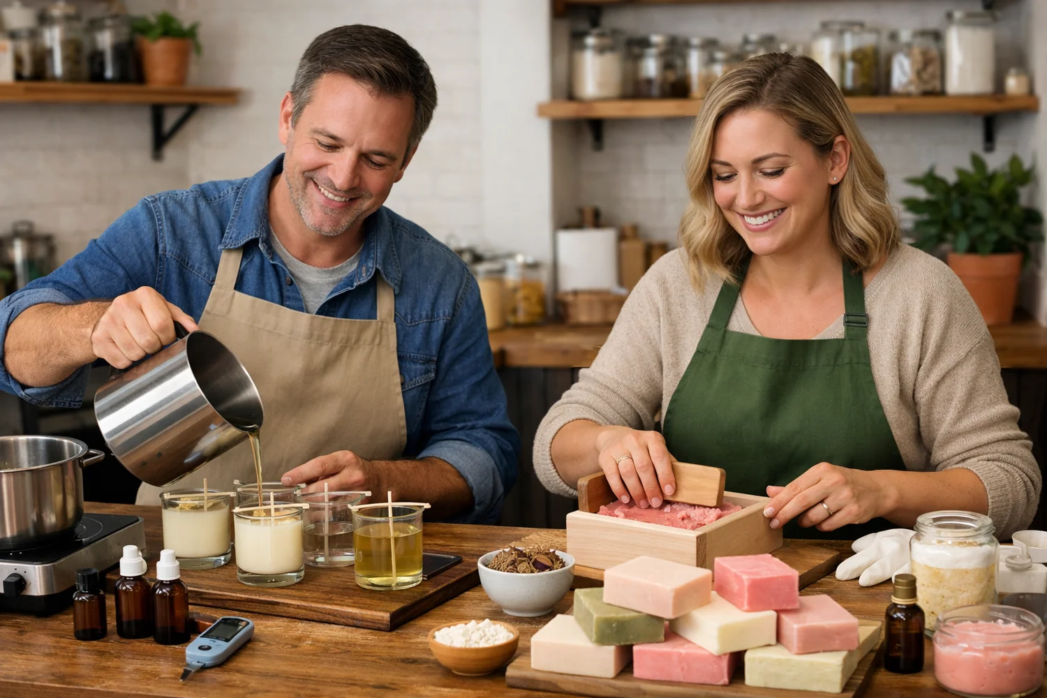 Handmade soaps and candle products displayed as a curated gift-ready set.